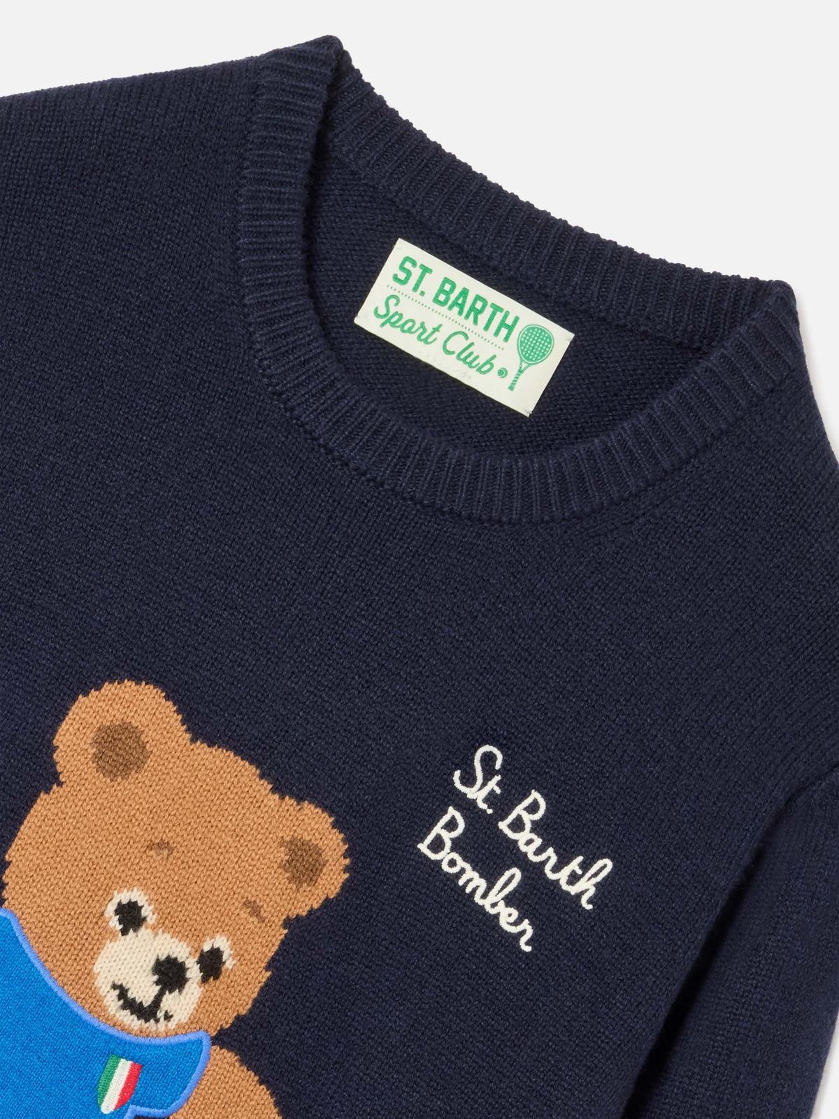 Marineblauer blue Douglas Strickpullover mit Rundhalsausschnitt und Teddybär-Patch 