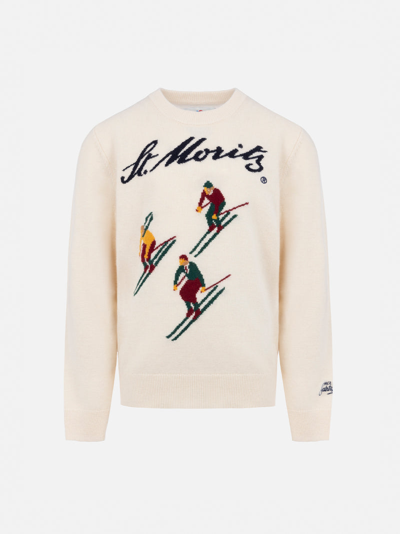 Boy white crewneck sweater Douglas with St. Moritz ski print | ST. MORITZ TOP OF THE WORLD SPECIAL EDITION