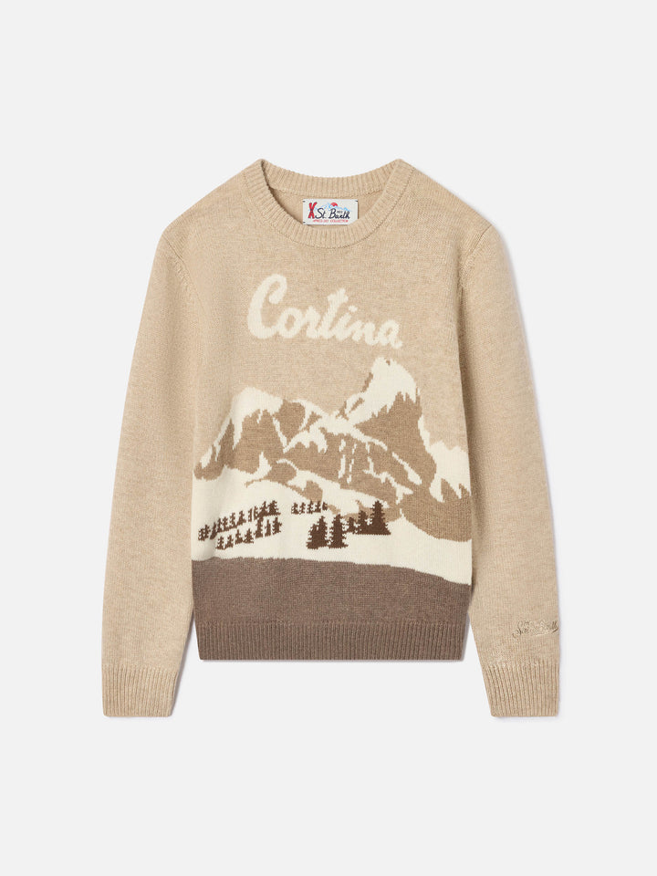 Maglia girocollo Douglas beige con intarsio Cortina