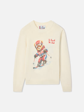 Pull col rond en mélange de laine et cachemire coloris cream Douglas avec intarsia et broderie teddy bear 