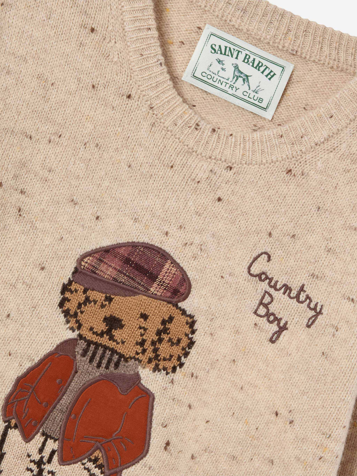 Jersey de cuello redondo de punto Donegal en mezcla de lana Cream Douglas con parche de osito de peluche y bordado Country Boy 