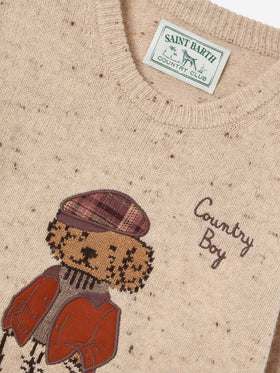 Jersey de cuello redondo de punto Donegal en mezcla de lana Cream Douglas con parche de osito de peluche y bordado Country Boy 