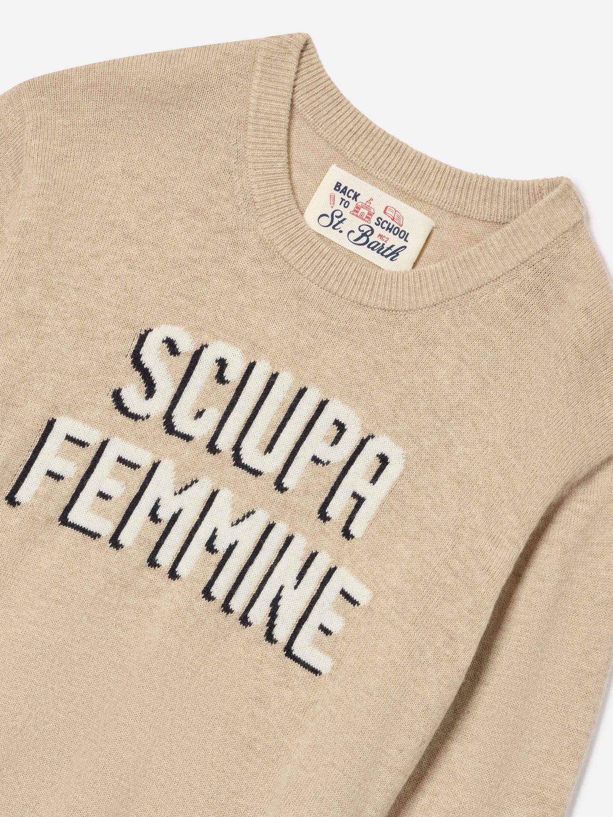 Jersey de cuello redondo en mezcla de algodón y lana virgen Beige Douglas con intarsia Sciupa Femmine 