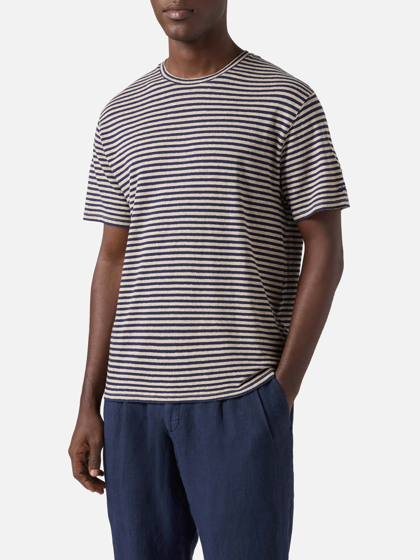 Blue striped Dover linen-blend t-shirt with logo embroidery