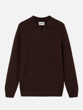 Brown Downing wool ribbed knit polo