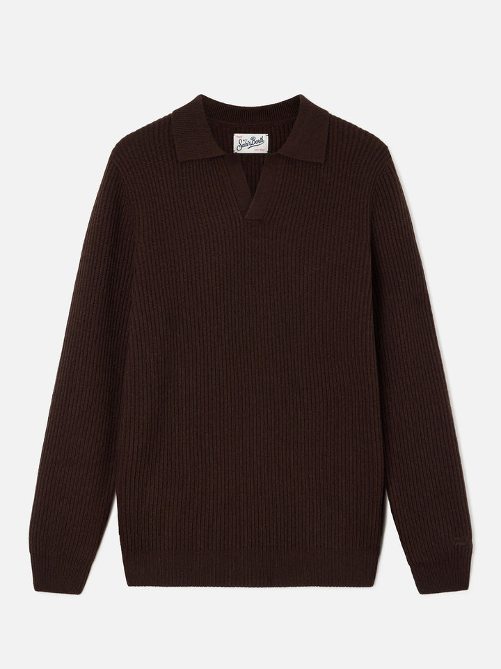 Brown Downing wool ribbed knit polo