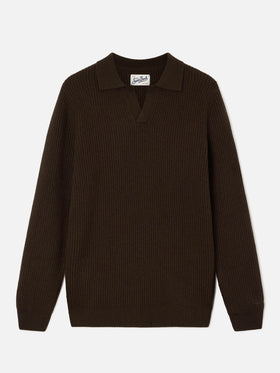 Brown Downing wool ribbed knit polo