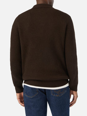 Brown Downing wool ribbed knit polo