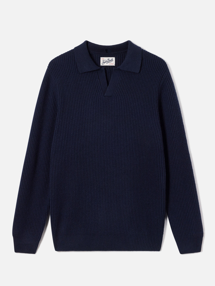 Navy blue Downing wool ribbed knit polo