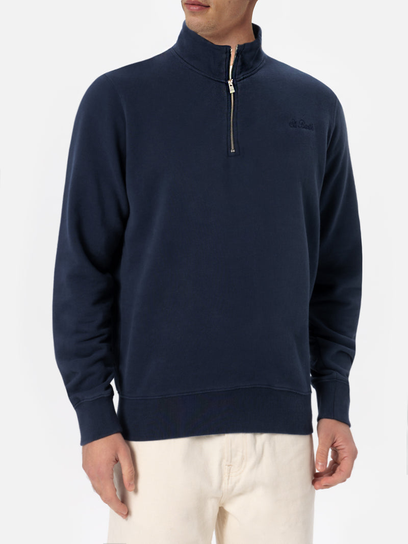 Man navy blue half zipped sweatshirt Dunkan with St. Barth embroidery