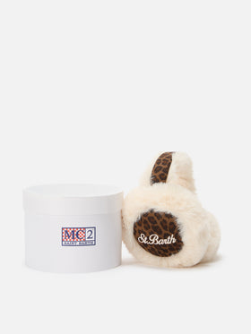 Earmuffs with leopard print and logo embroidery