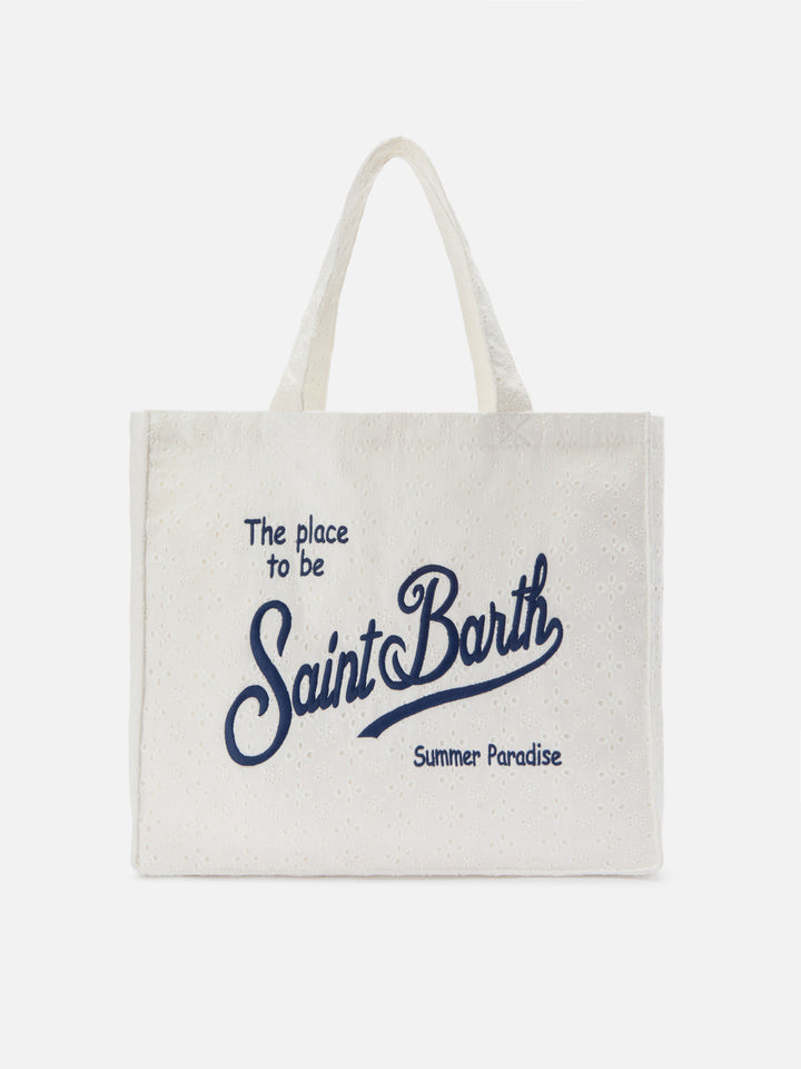 Essential white broderie anglaise cotton tote bag with contrasting logo