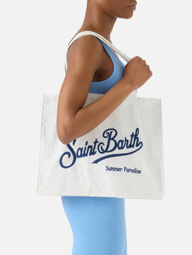 Unverzichtbare weiße Tote Bag aus Baumwolle mit Broderie Anglaise und kontrastierendem Logo 