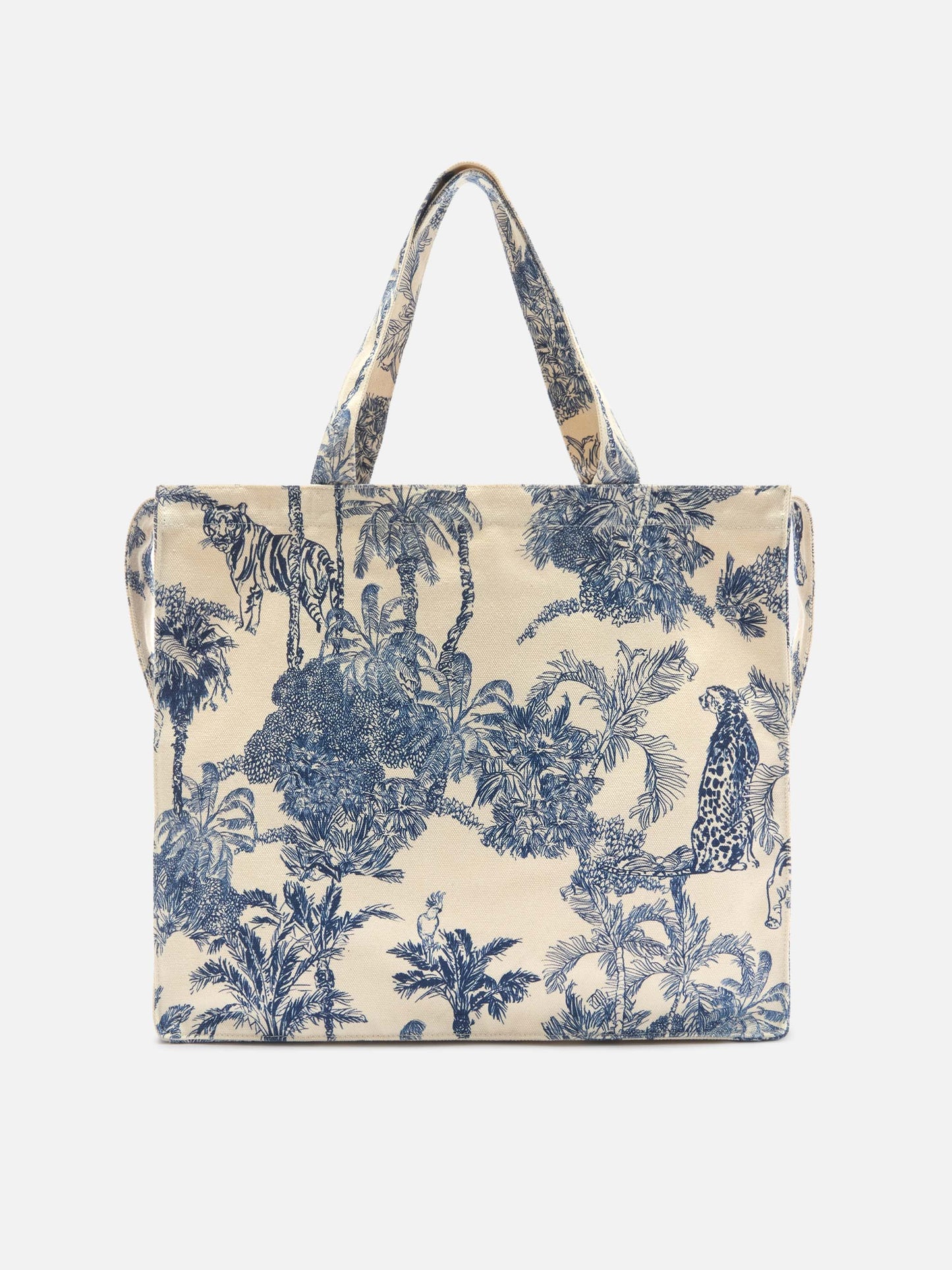Essential canvas tote bag with blue toile de jouy print