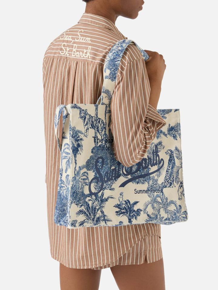 Essential canvas tote bag with blue toile de jouy print