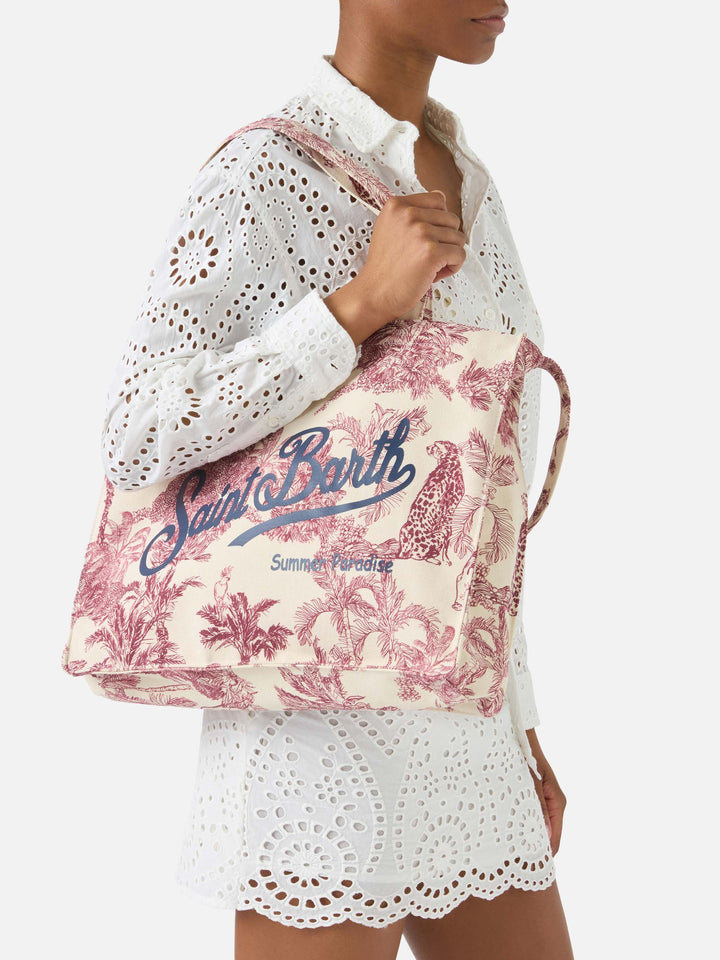 Essential canvas tote bag with bordeaux toile de jouy print