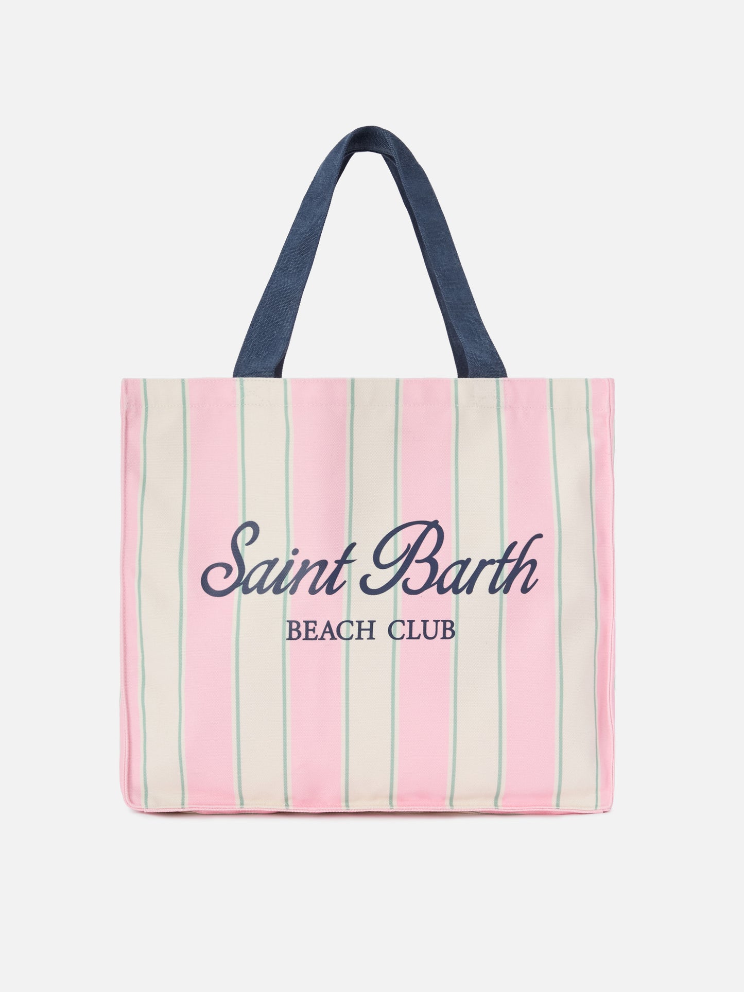 Borsa Essential in canvas a righe rosa, verde e bianco con logo a contrasto