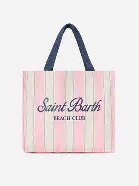 Borsa Essential in canvas a righe rosa, verde e bianco con logo a contrasto