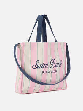 Borsa Essential in canvas a righe rosa, verde e bianco con logo a contrasto