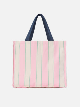 Borsa Essential in canvas a righe rosa, verde e bianco con logo a contrasto