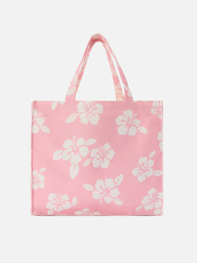 Essential canvas tote bag with pink hibiscus print and contrasting logo