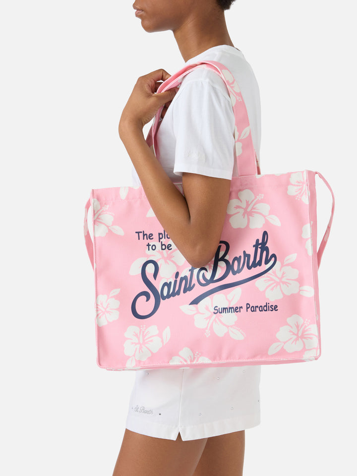 Essential canvas tote bag with pink hibiscus print and contrasting logo
