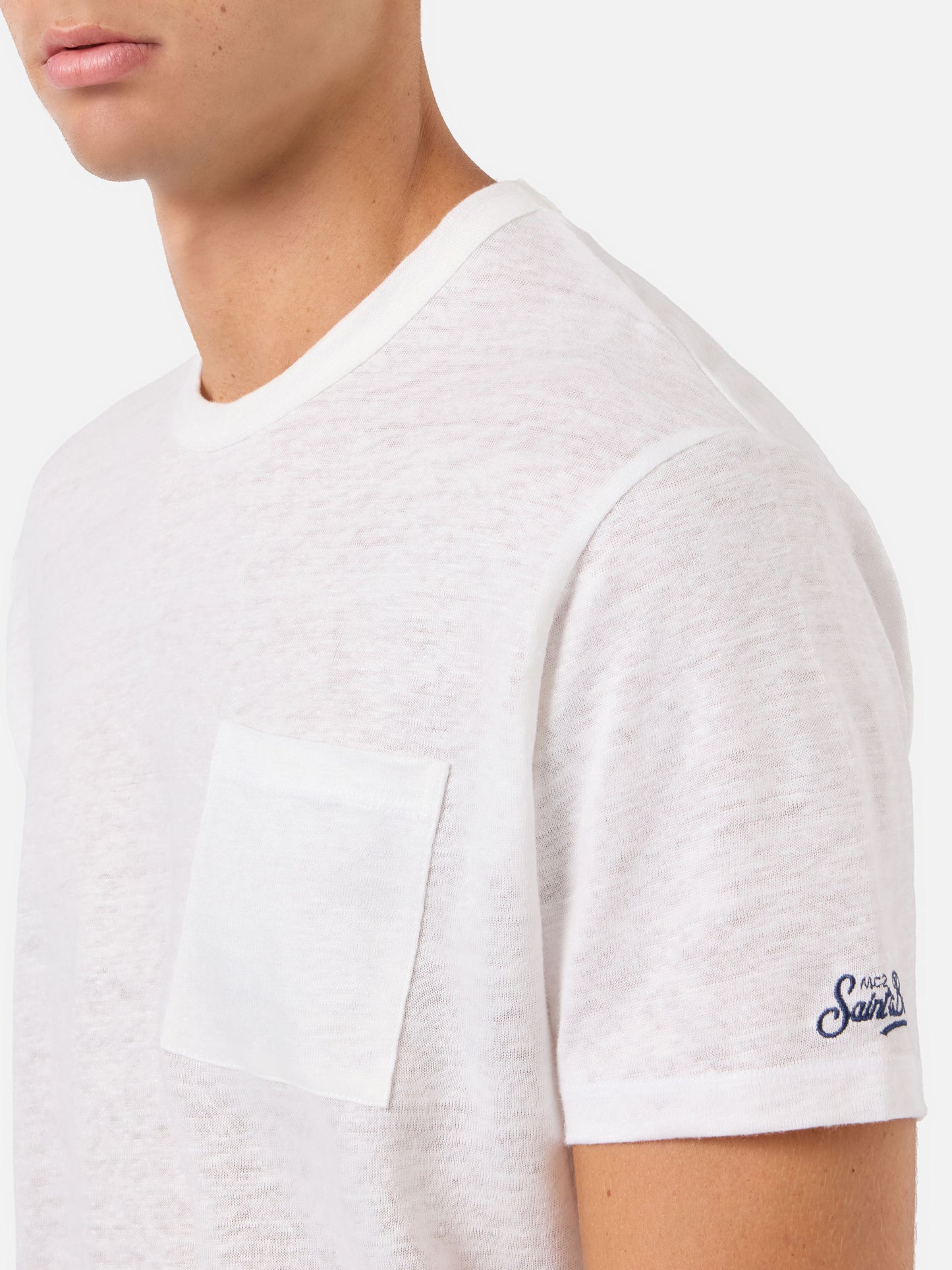 Herren-T-Shirt Ecstasea aus cremefarbenem Leinenjersey mit Tasche
