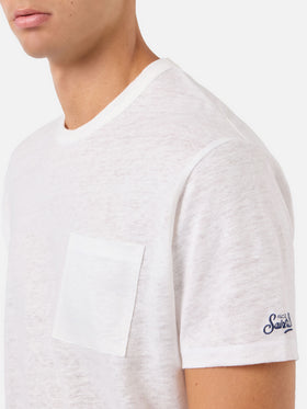 Herren-T-Shirt Ecstasea aus cremefarbenem Leinenjersey mit Tasche
