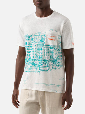 Herren-T-Shirt aus Leinenjersey Ecstasea mit platziertem Cannes-Aufdruck und gestickter Tasche