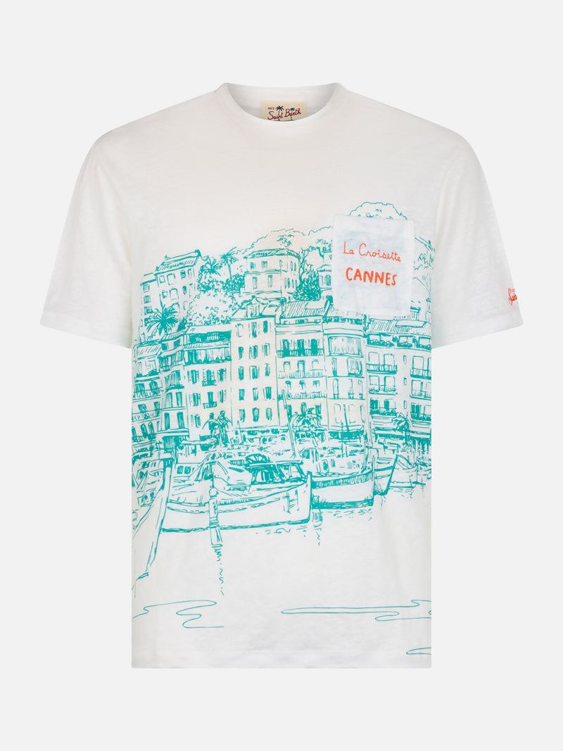 Man linen jersey t-shirt Ecstasea with Cannes placed print and embroidered pocket