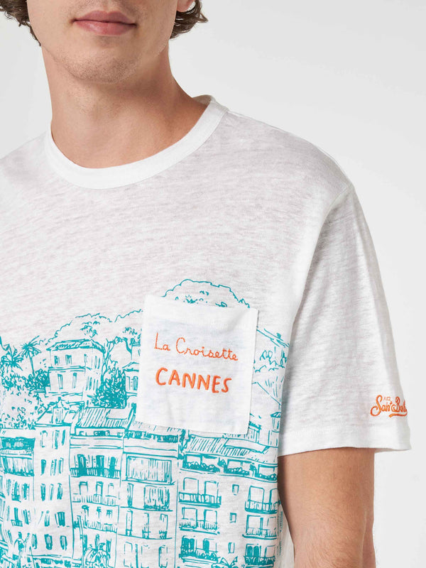 T-shirt da uomo Ecstasea in jersey di lino con stampa piazzata Cannes e taschino ricamato