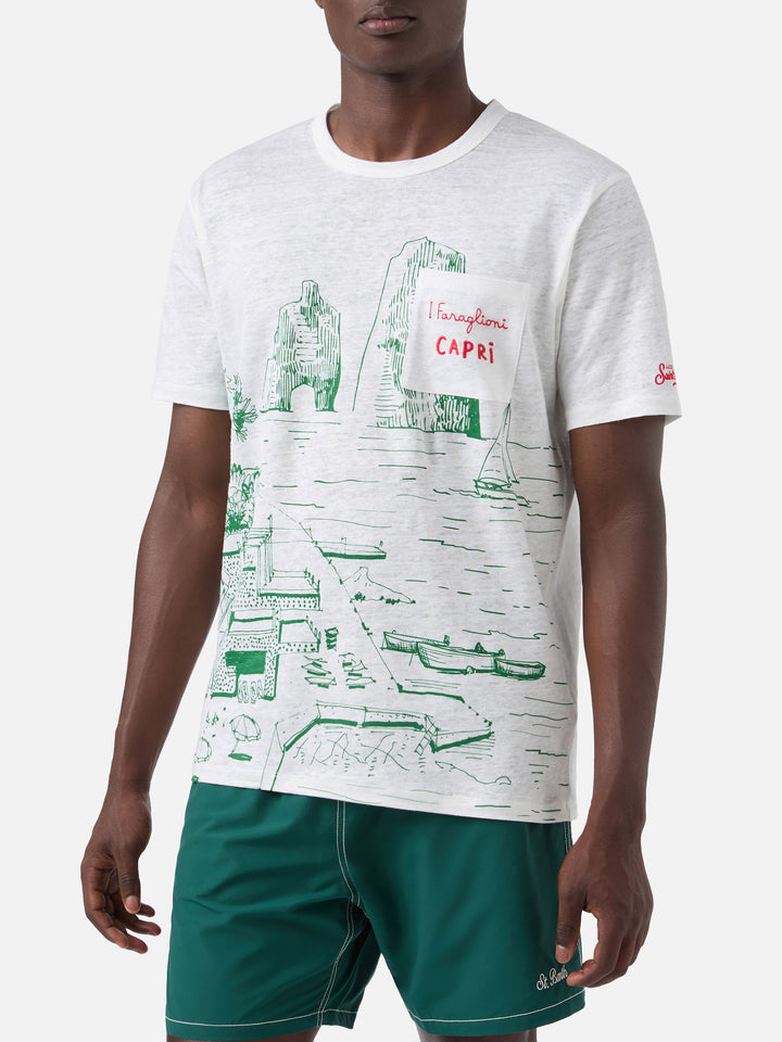 Herren-T-Shirt aus Leinenjersey Ecstasea mit platziertem Capri-Aufdruck und gestickter Tasche