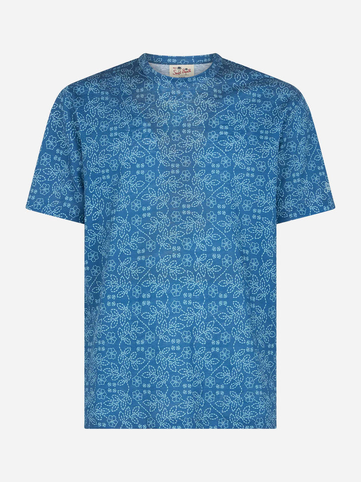 Man blue linen jersey t-shirt Ecstasea with sashiko print - MC2 Saint Barth