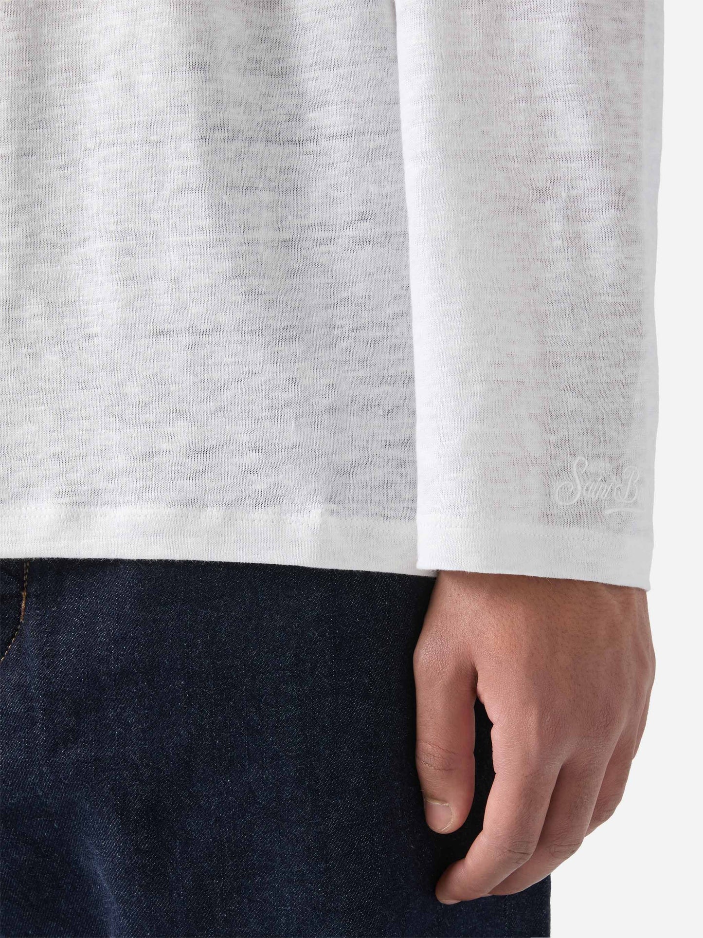 Weißes Herren-T-Shirt aus Leinenjersey mit Ecstasea-Motiv und Tasche