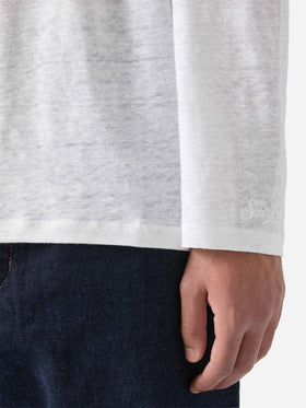 Weißes Herren-T-Shirt aus Leinenjersey mit Ecstasea-Motiv und Tasche