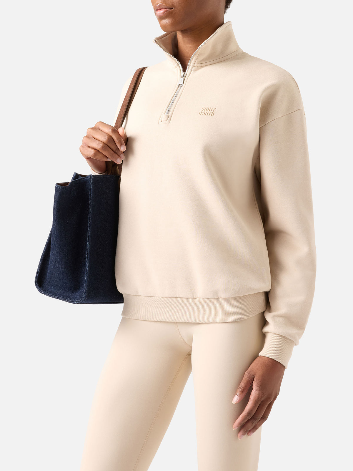 Beiges Eliade Sweatshirt mit halbem Reißverschluss und Logostickerei 