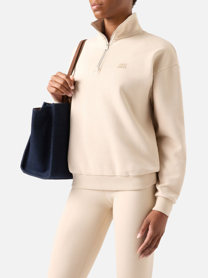 Sudadera beige Eliade con media cremallera y bordado del logo 
