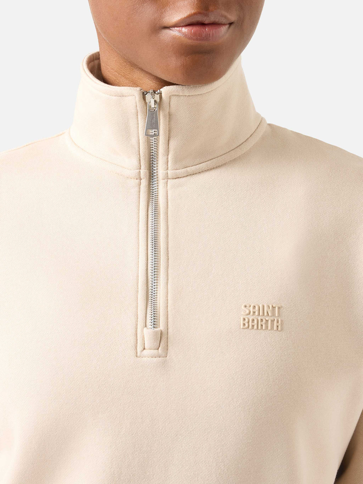 Beiges Eliade Sweatshirt mit halbem Reißverschluss und Logostickerei 