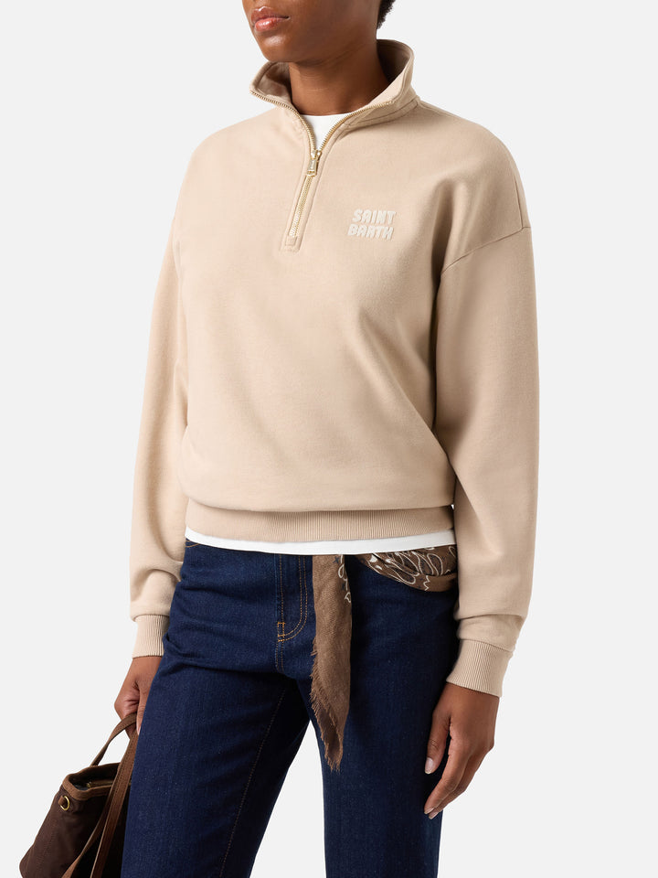 Sudadera de algodón Beige Eliade con media cremallera y logo flock 