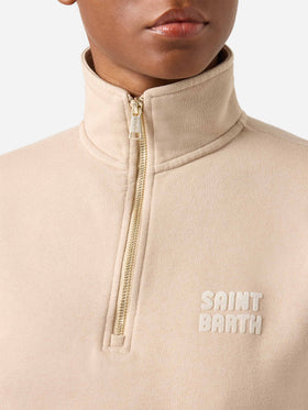 Felpa Eliade beige in cotone con mezza zip e logo flock