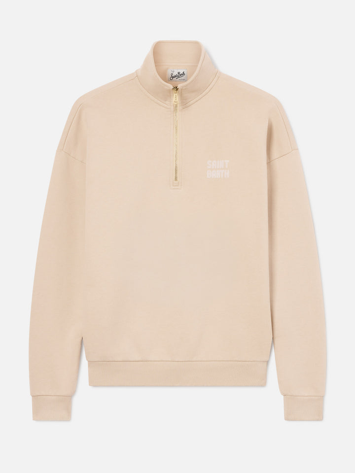 Sudadera de algodón Beige Eliade con media cremallera y logo flock 