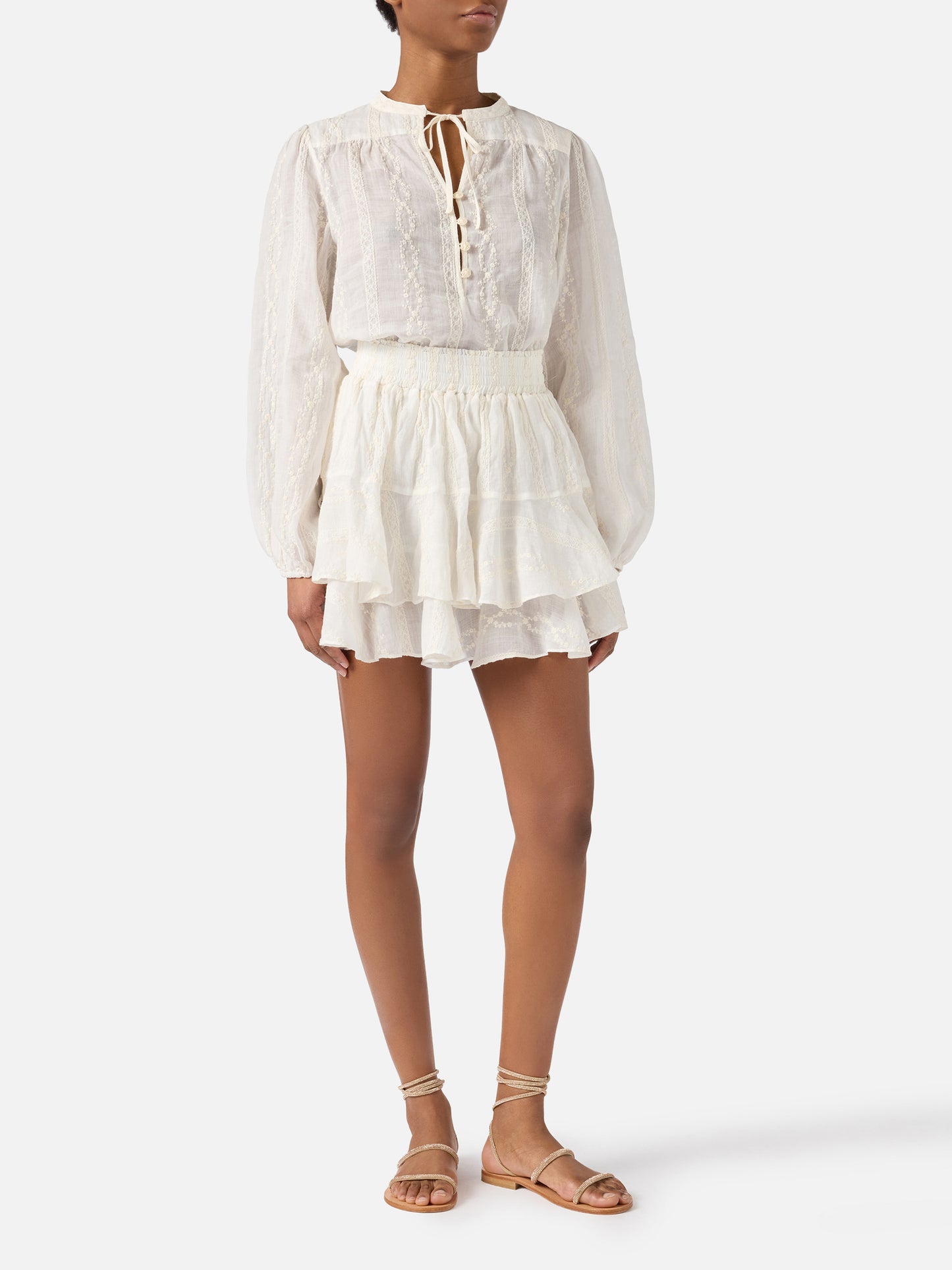 Gonna Eivissa corta in ramie beige con ricamo