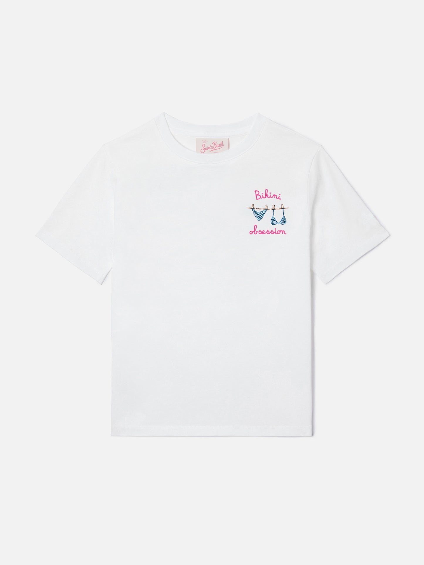 Elly T-shirt in white cotton with Bikini Obsession embroidery and rhinestones