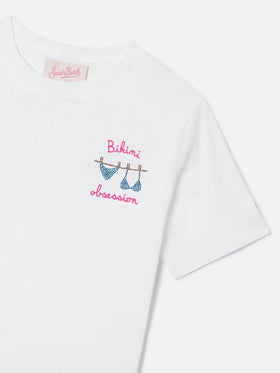 Elly T-shirt in white cotton with Bikini Obsession embroidery and rhinestones