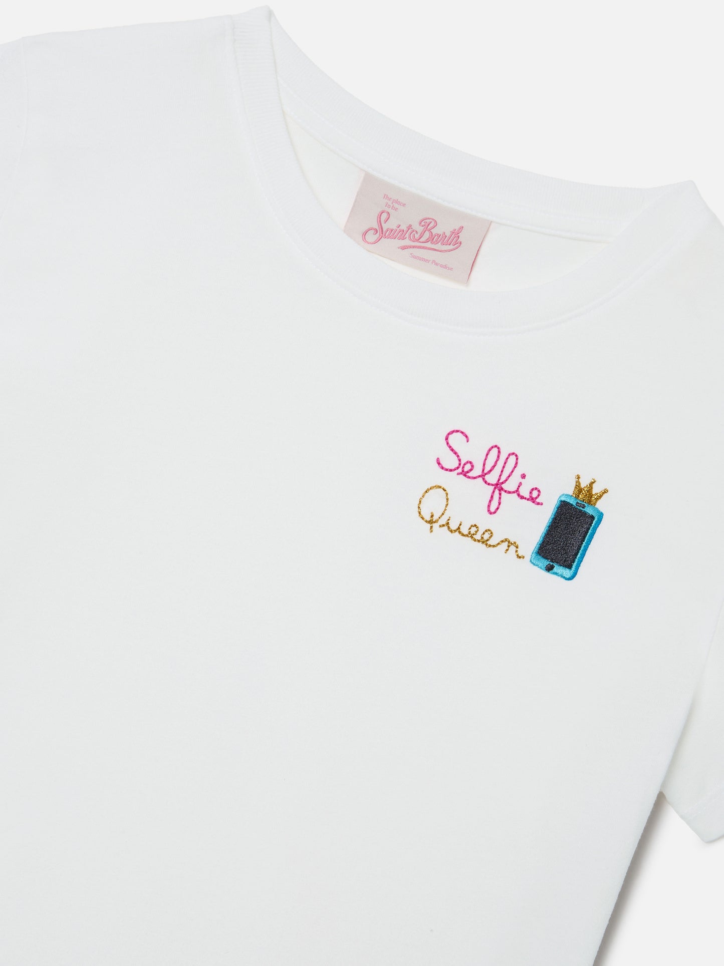 Elly T-shirt in white cotton with Selfie Queen embroidery