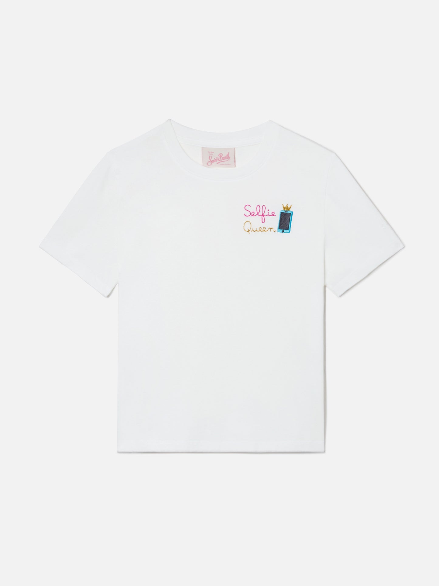 Elly T-Shirt aus weißer Baumwolle mit Selfie Queen-Stickerei 