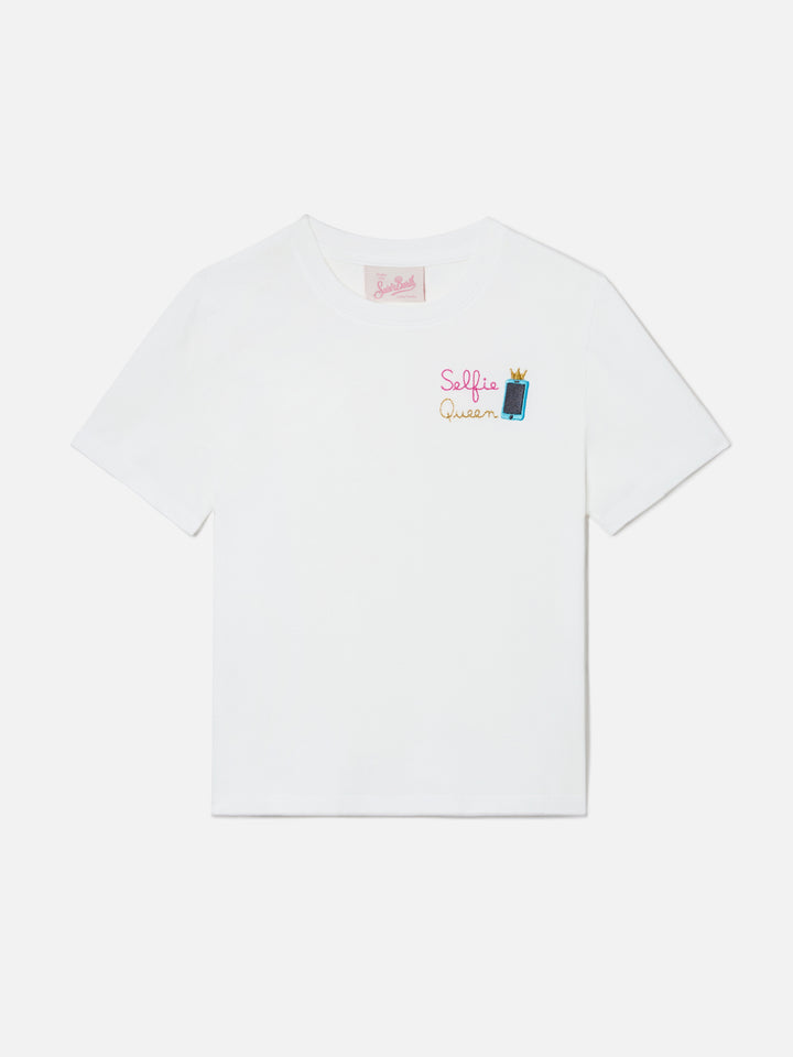 Camiseta Elly de algodón blanco con bordado Selfie Queen 