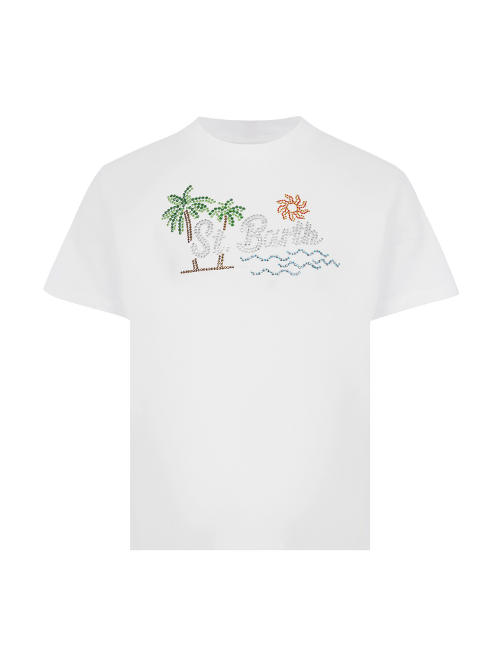 T-shirt Elly in cotone con design St. Barth sunset in strass