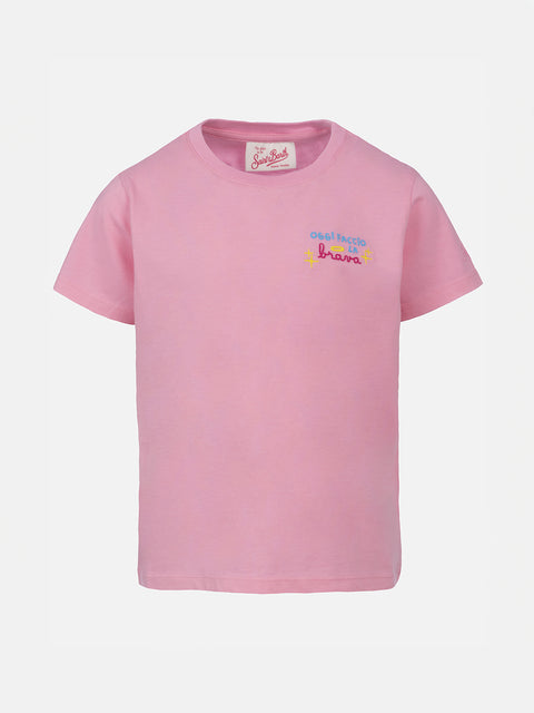 Girl cotton jersey crewneck t-shirt Elly with Oggi faccio la brava embroidery - MC2 Saint Barth