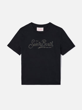 Elly t-shirt in black cotton with Saint Barth rhinestones embellishment